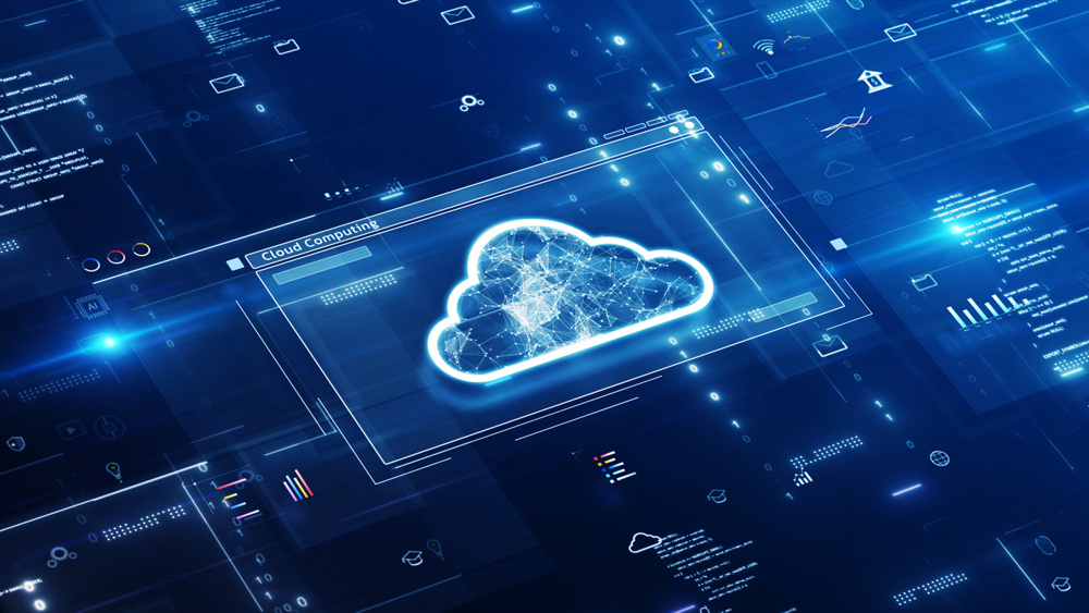 Cloud computing technology concept. Glowing icons representing database storage connection on internet network, surrounded by interface elements and abstract binary code on dark blue background