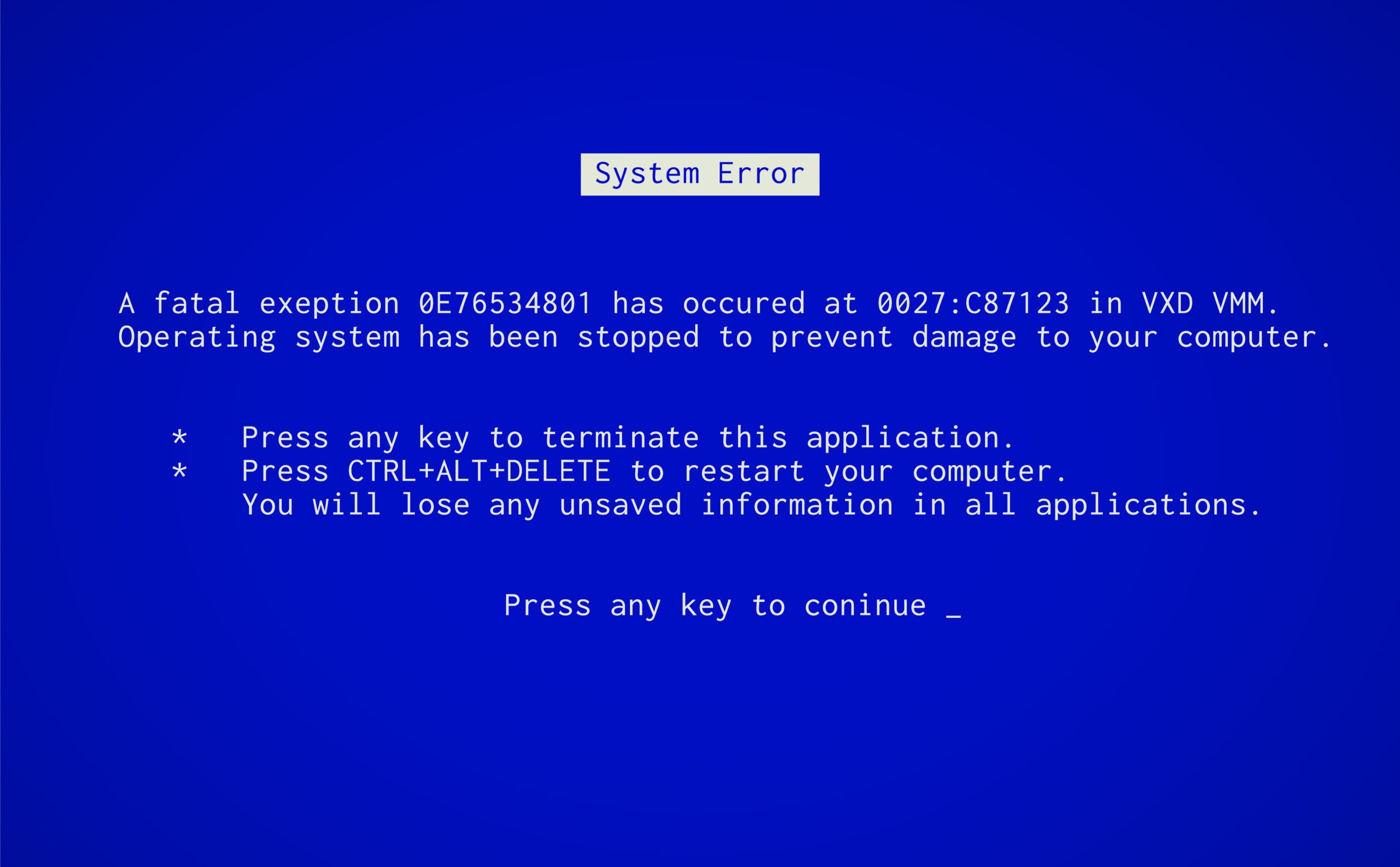 Blue Screen of Death. Operating system crash error message. BSOD malfunction report.