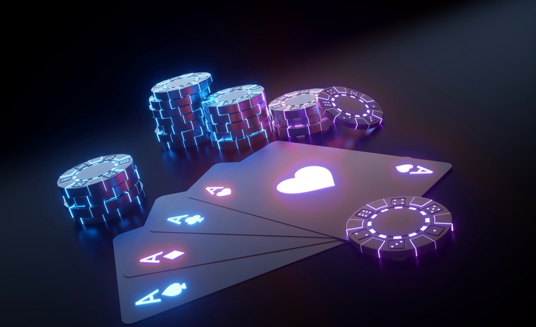 Modern Black And Blue, Purple Neon Casino Chips And Four Aces - 3D Illustration