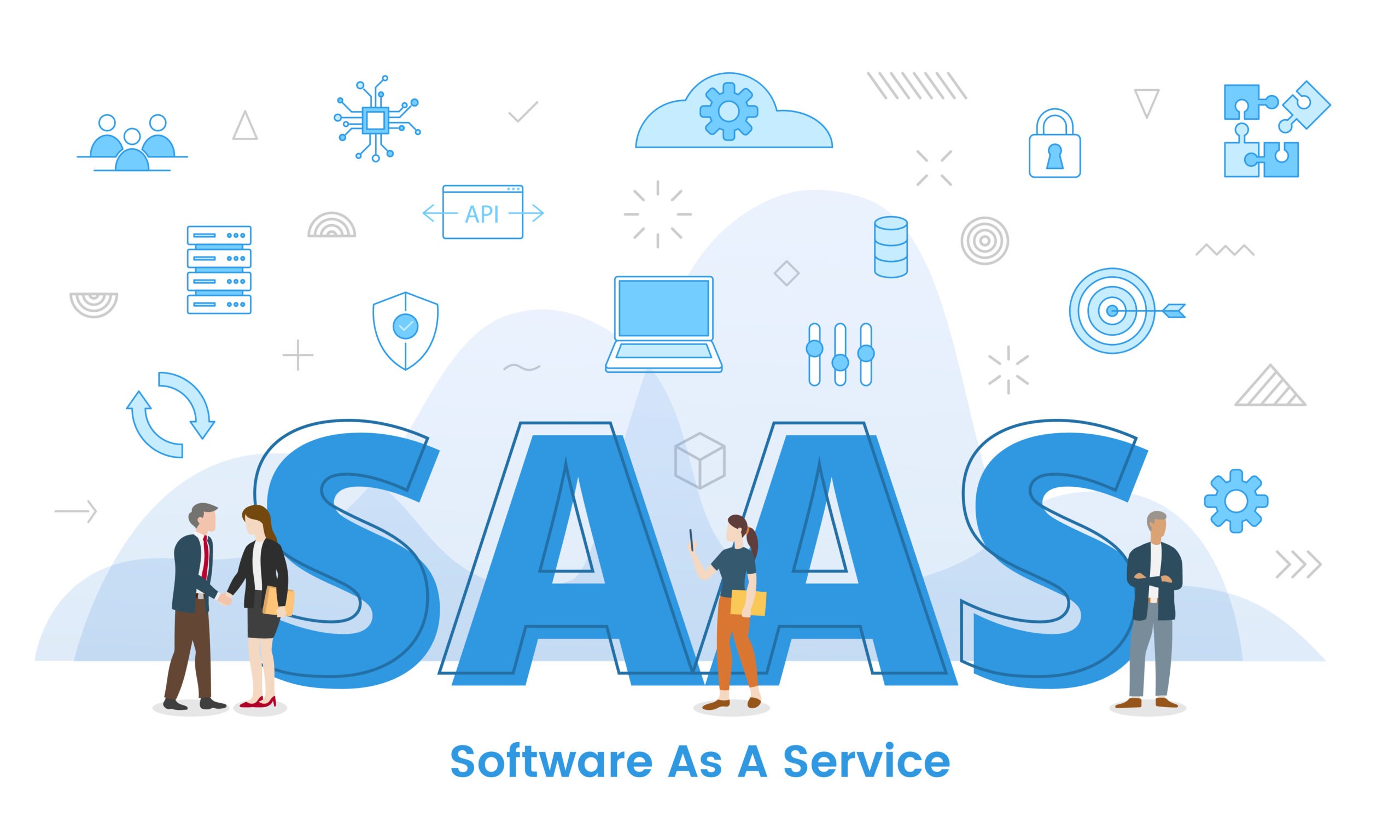 saas software as a service concept with big words and people sur